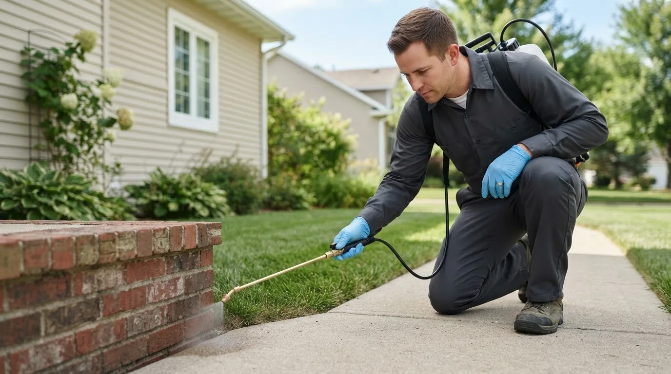 Pest control technician treating a home near Elkport, IA
