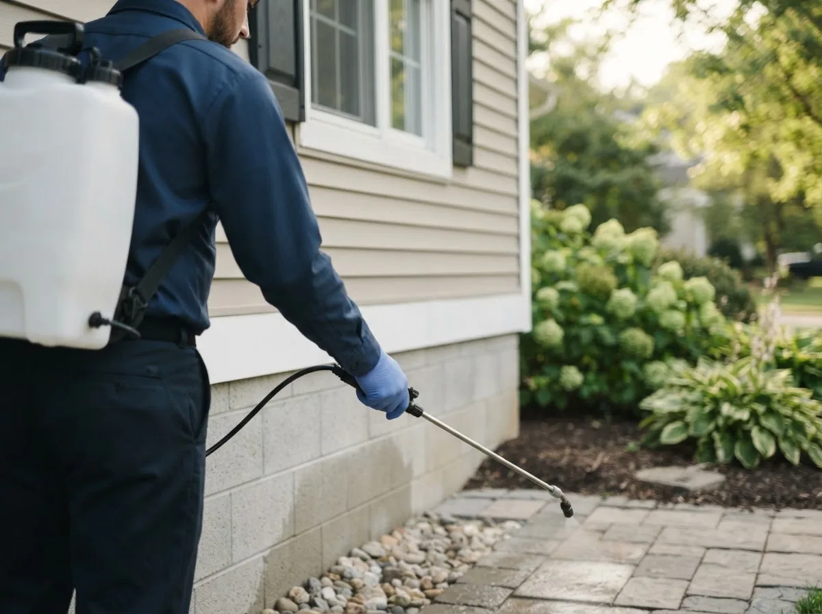 Pest control technician inspecting a home in Elkport, IA